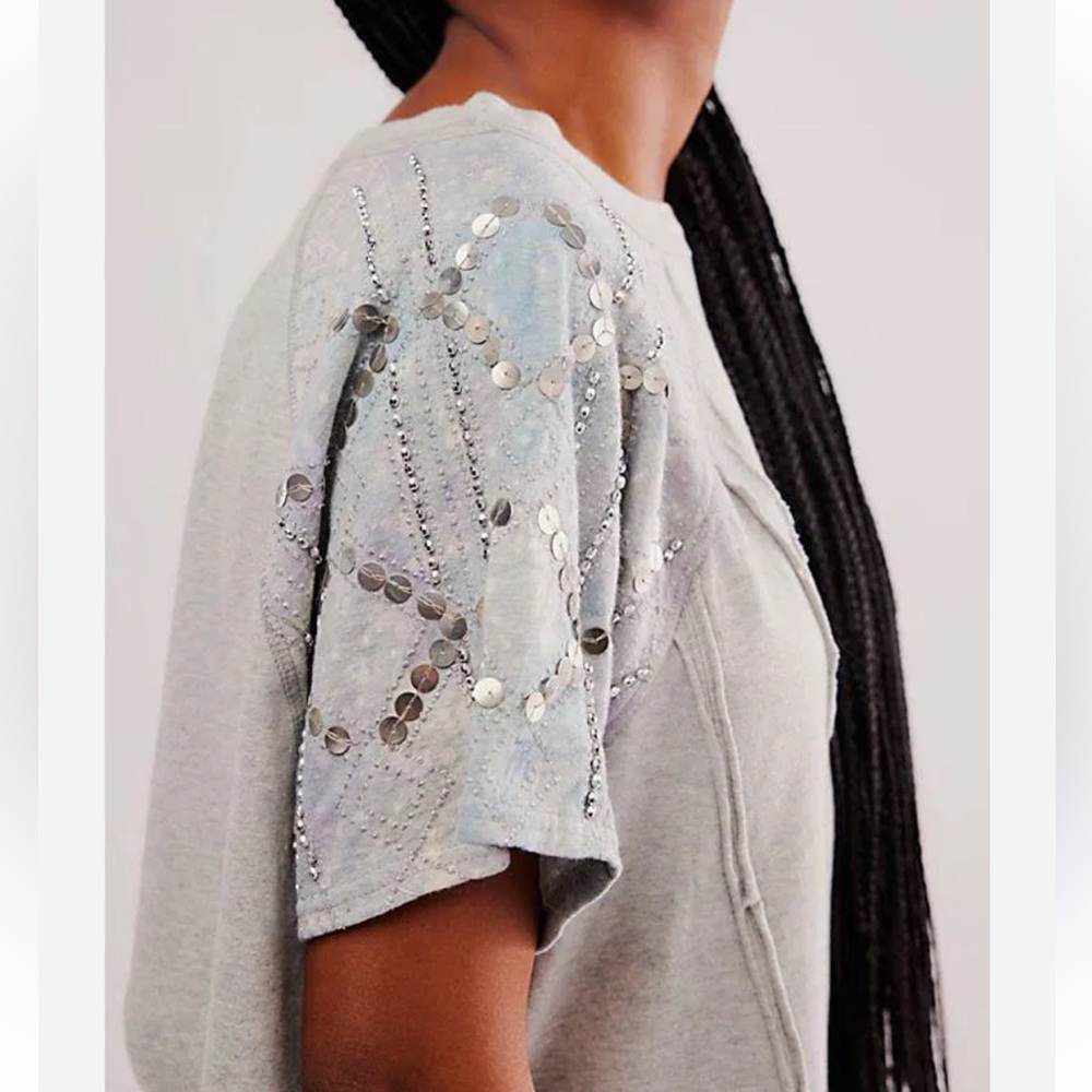 Free People Shine Me Out Top Sequin Embellished Sleeve Open Back XS NWOT
